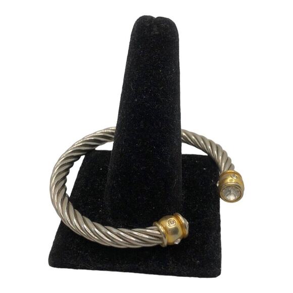 Retro Silver Rope Style Cuff Bracelet with Gold Bar on each end with rhinestones - Picture 4 of 7